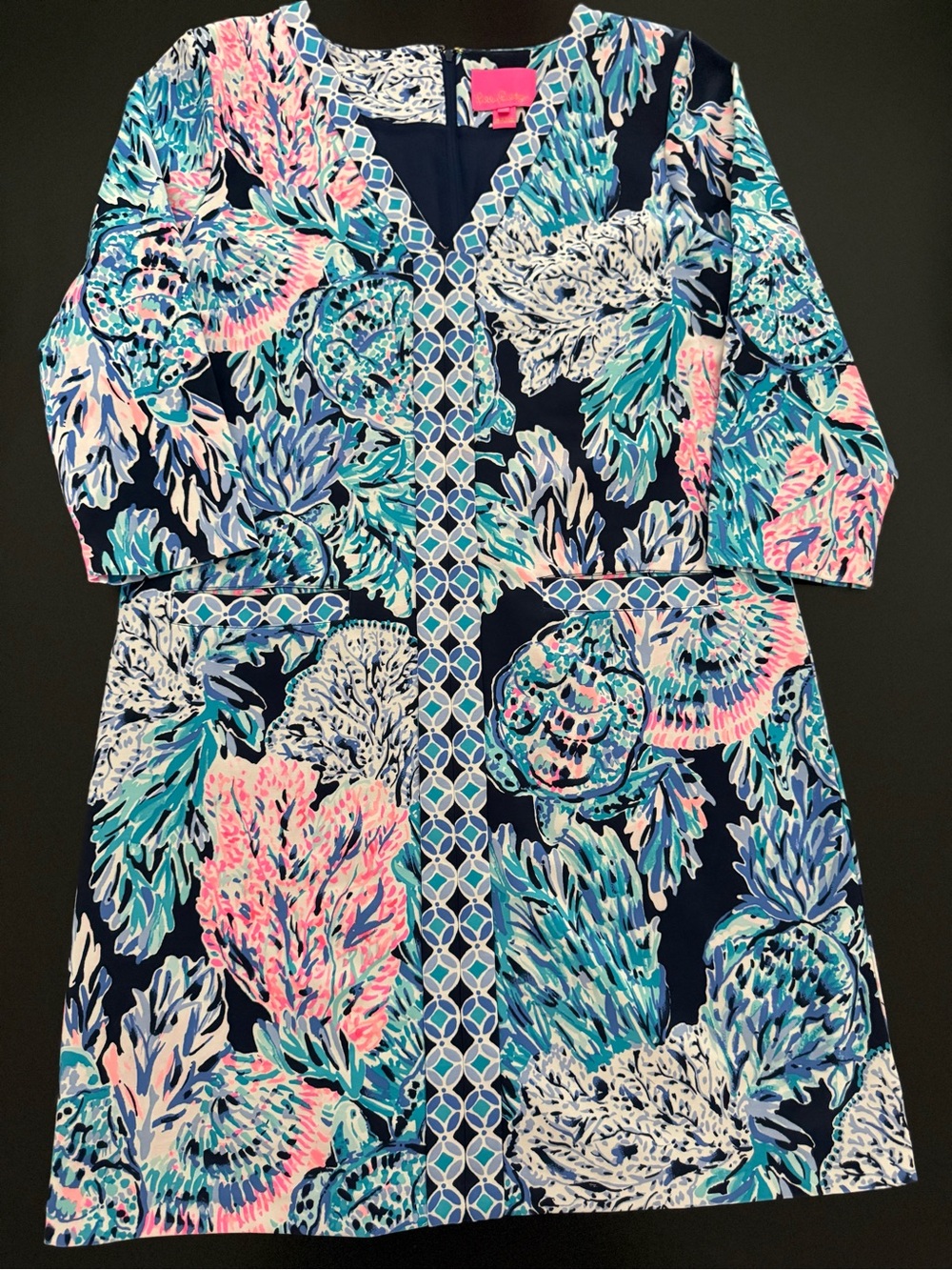 Lilly Pulitzer size XL coral reef print shift dress 3/4 sleeves pockets lined